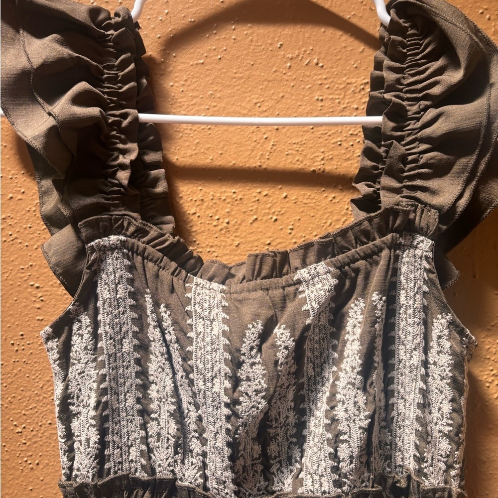 Boho Embroidered Ruffle Strap Tiered Maxi Dress Olive Brown Smocked Back Women - Picture 2 of 6